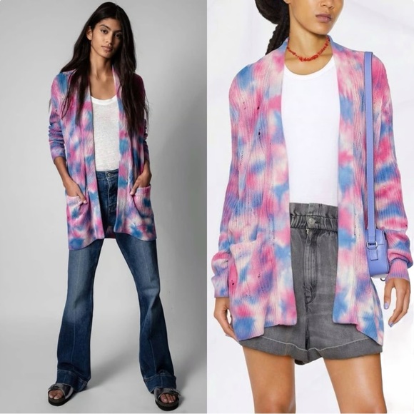 Zadig & Voltaire Sweaters - Zadig & Voltaire White Pink Blue Tie Dye Open Knit Relaxed Fit Cashmere Cardigan